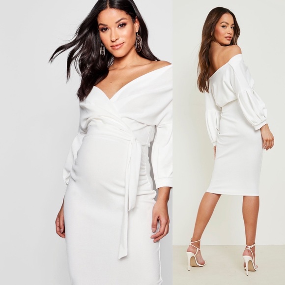 NWT!!! Boohoo Maternity Off The Shoulder Wrap Midi Dress - Picture 4 of 7